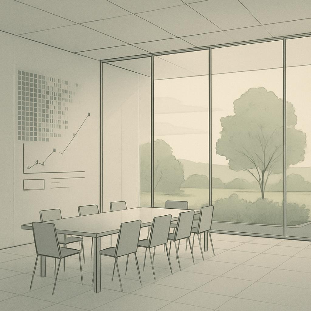 An interior office room with a long table and nine chairs, depicted in a monochromatic blue gradient illustration style.
