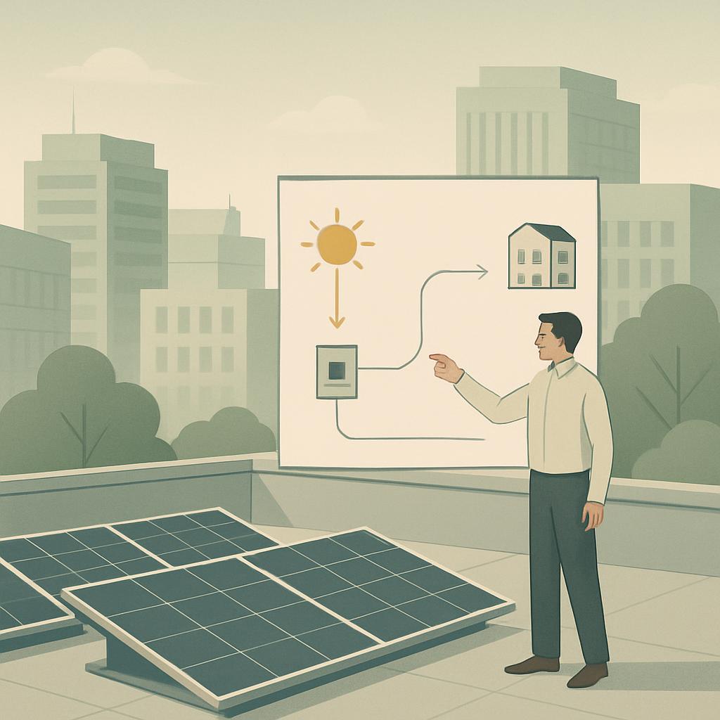Un hombre muestra un diagrama de energía solar con placas solares en la azotea.