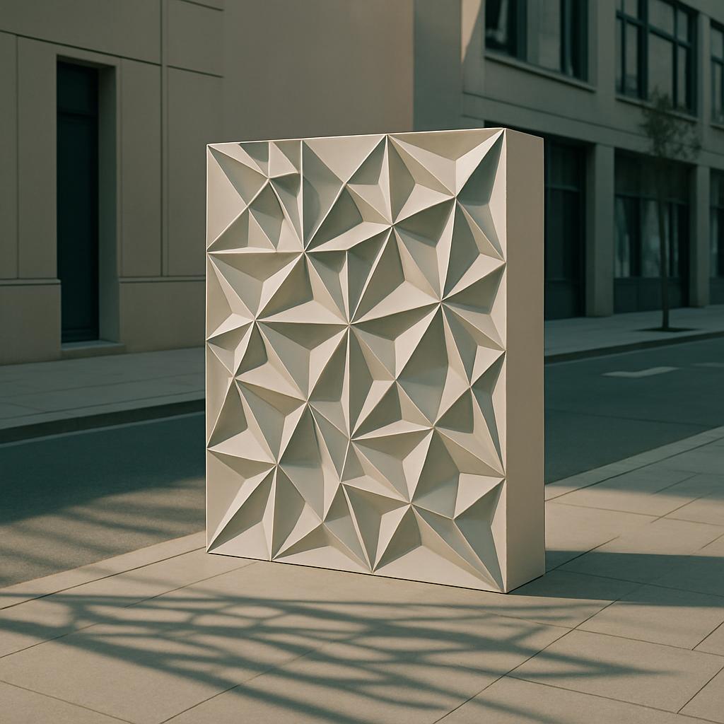 This image depicts a rectangular architectural wall with an elevated, geometric pattern comprised of triangular shapes arr...